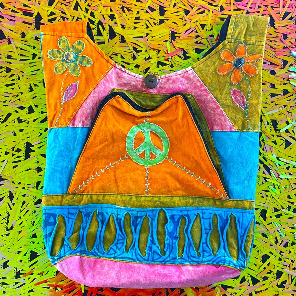 Peace sign & Flowers long shoulder bag